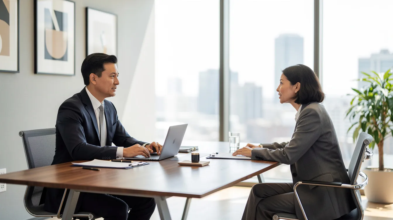 The image depicts a professional meeting between an experienced bankruptcy attorney and a client in a modern office setting, highlighting a discussion about the bankruptcy process and legal options for debt relief. The atmosphere suggests a focus on informed decisions and regaining control over one's financial future.
