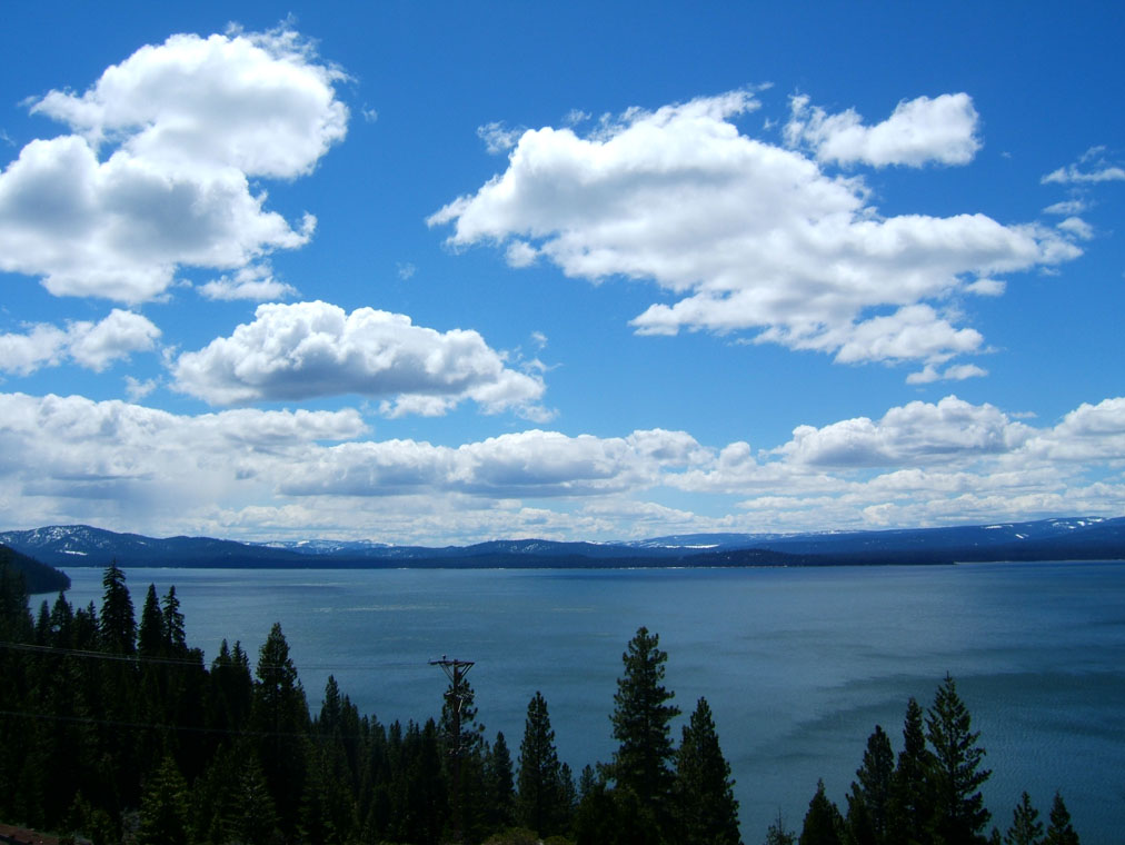 lake, blue sky, clouds