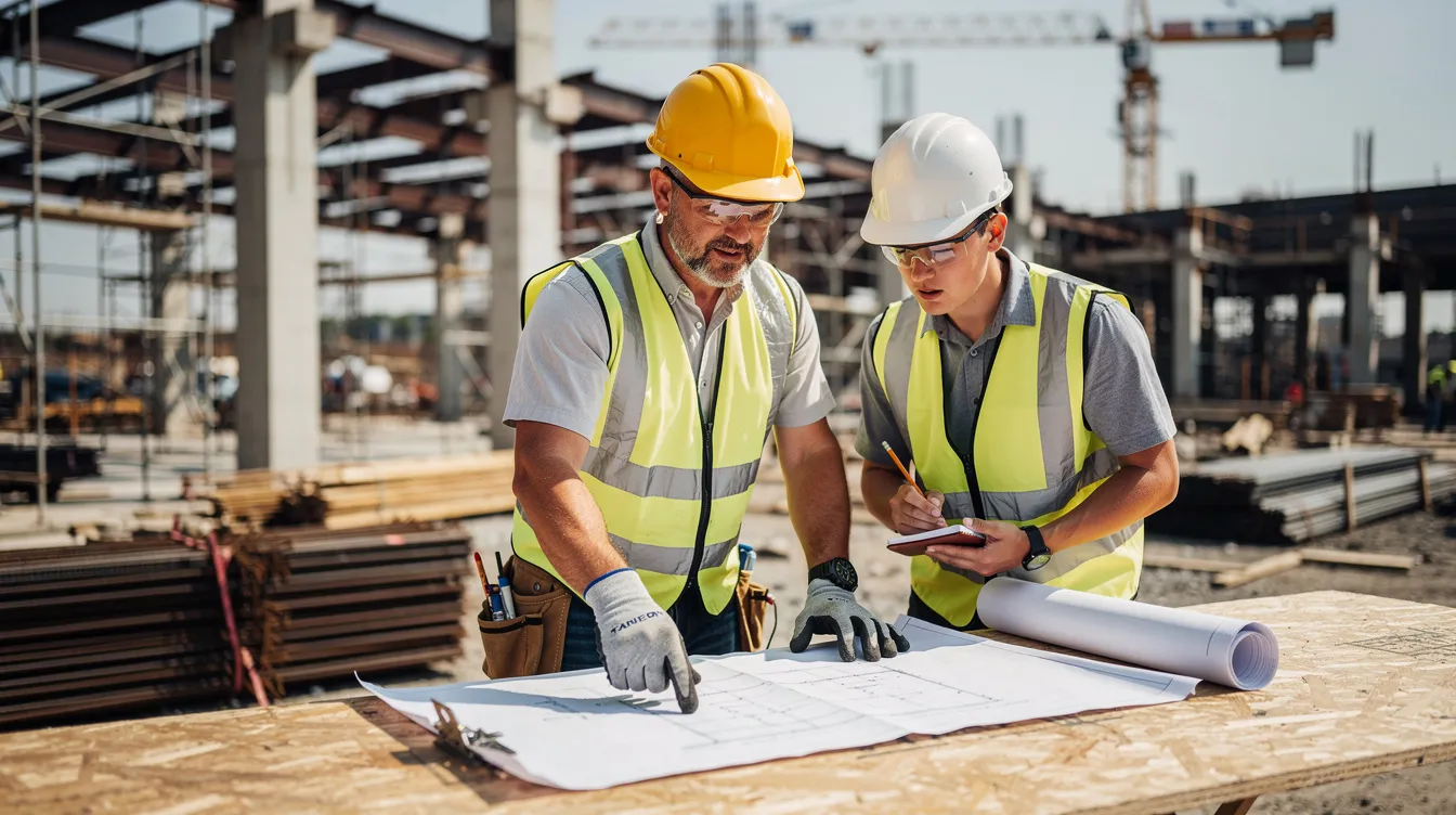 Experienced worker providing on-the-job training to a younger apprentice at a construction site.