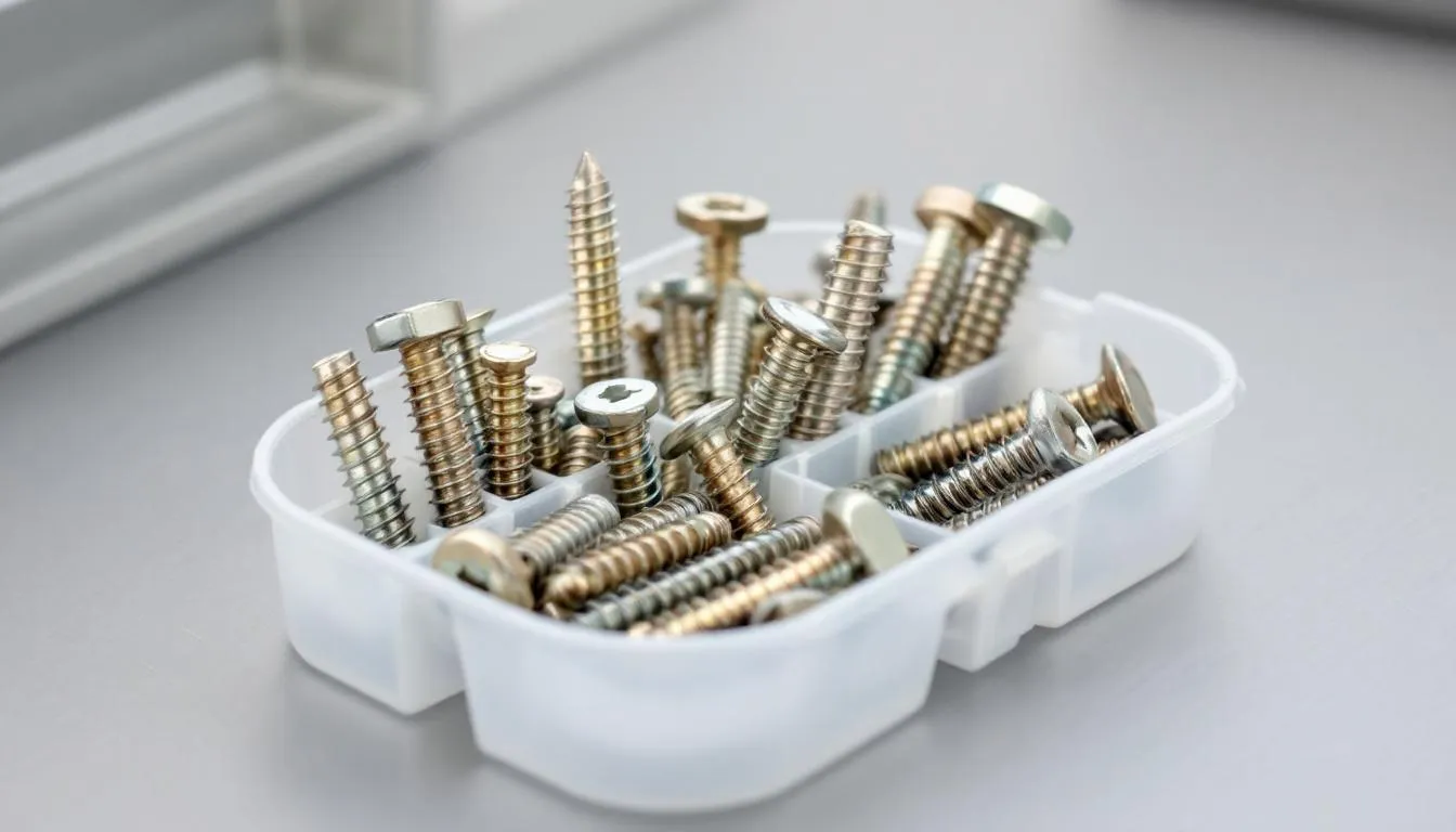 The image depicts a close-up view of a loose door hinge with visible hinge screws and screw holes, illustrating the problem of loose hinges that may require repair. Tools like a screwdriver and wood glue are suggested for a simple fix to reinforce the connection between the door and the frame.
