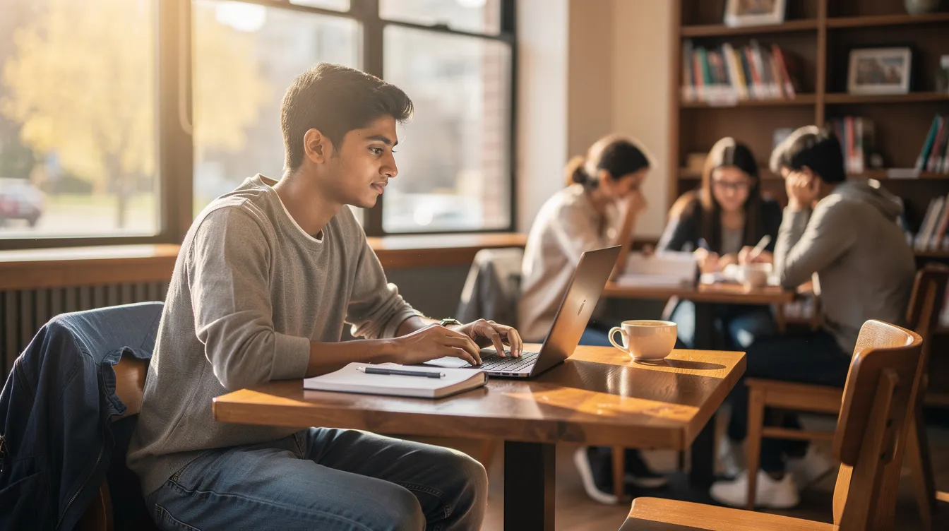 04f60efd 1929 4cdf 9b40 361c73db0c7d A young Indian college student is seated at a campus cafe table, focused on working on a laptop. The scene captures the essence of student entrepreneurship, showcasing the student's engagement with online platforms to explore business ideas, such as social media management and online tutoring services.