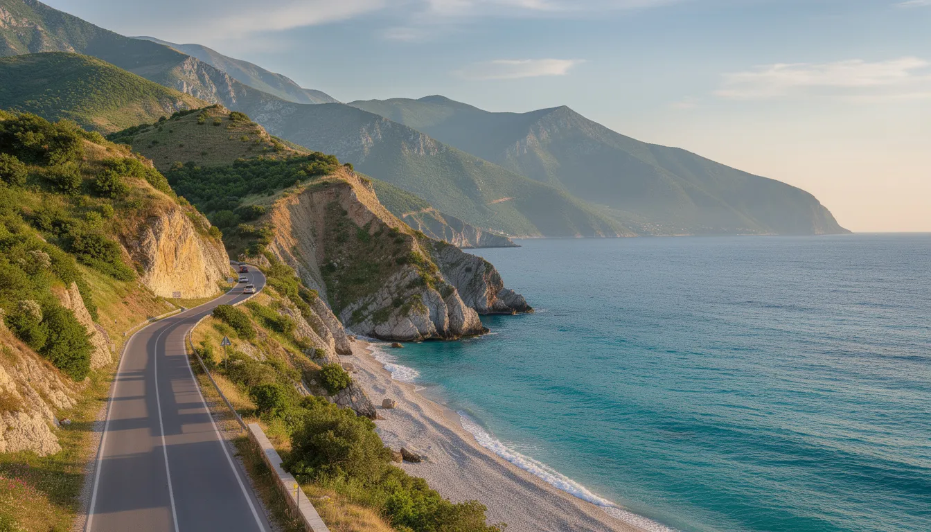 Une route côtière sinueuse longe la riviera albanaise, offrant une vue imprenable sur la mer ionienne turquoise et les montagnes verdoyantes. Ce paysage magnifique est idéal pour ceux qui souhaitent louer une voiture en Albanie et explorer les plages et les sites naturels de cette destination unique.