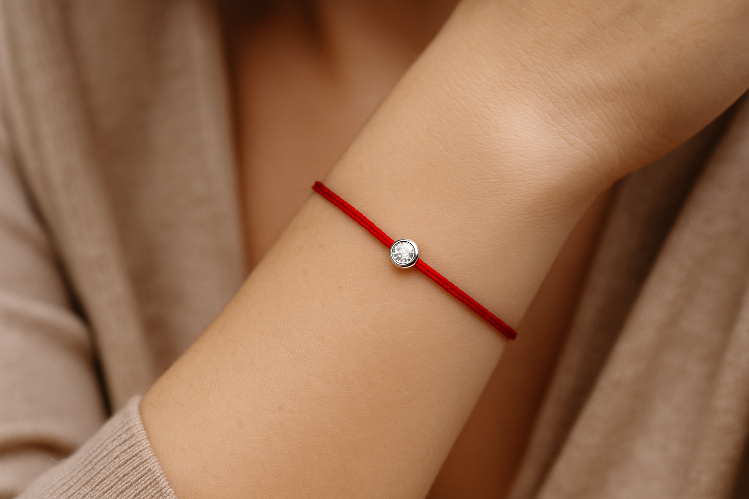 raudono siūlo apyrankė su subtiliu briliantu elegantiškai puošia moters riešą