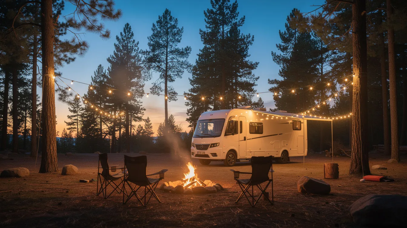 The image depicts a cozy campsite at dusk, featuring an RV illuminated by warm string lights in a serene forest clearing. This tranquil setting highlights the charm of off-grid living, perfect for those seeking reliable power sources like lithium ion batteries for their outdoor adventures.