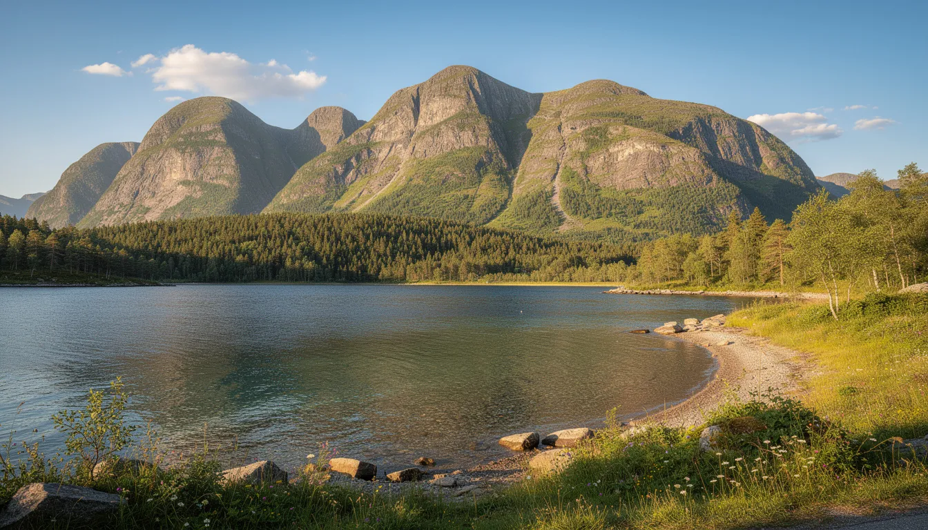 En naturskön scen visar majestätiska berg som reser sig över en grön skog, med en glittrande havsvik i förgrunden under en klar sommardag. Denna bild fångar den fridfulla atmosfären som kan upplevas i områden som USA, Kanada och Mexiko, där fotbolls VM 2026 kommer att äga rum.