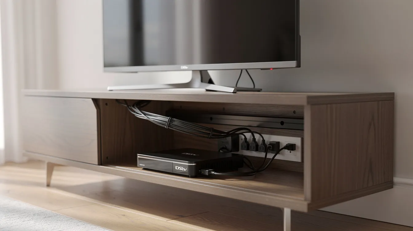 The image shows a DStv decoder connected to a TV, with cables neatly organized behind an entertainment unit, illustrating a tidy setup for optimal viewing. This setup highlights the importance of professional DStv installation services for a clean and efficient entertainment system in South Africa.