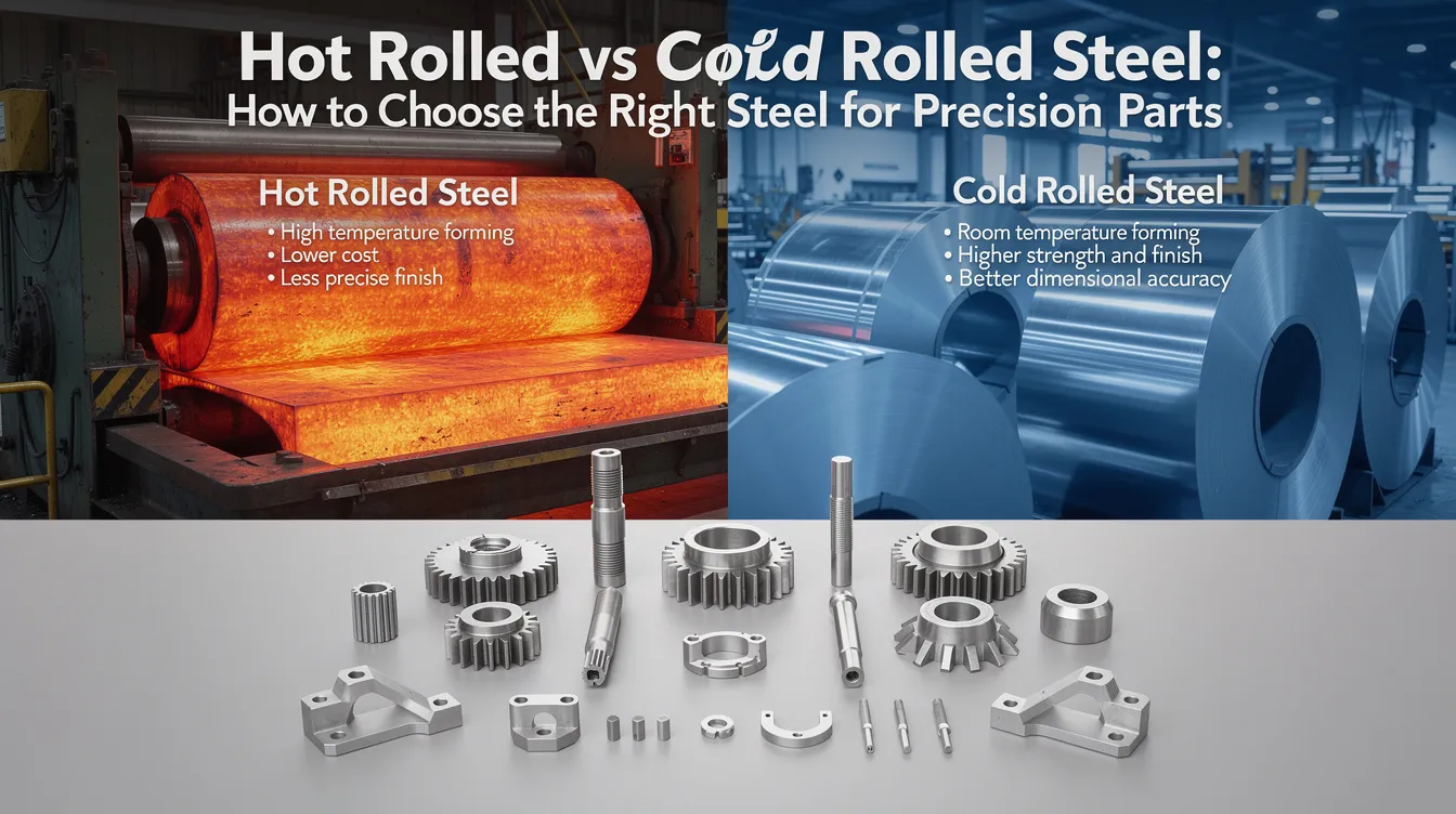 The image illustrates the comparison between hot rolled and cold rolled steel, highlighting their distinct characteristics such as surface finish and dimensional accuracy. It showcases various steel shapes and emphasizes the importance of choosing the right steel type for precision parts, like aerospace structural components and automotive parts, based on project requirements and tolerances.