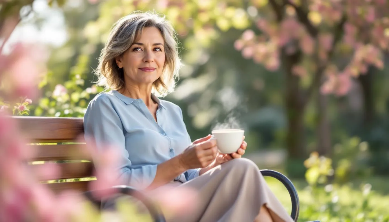 The image depicts a midlife woman experiencing early menopause, showing signs of menopausal symptoms such as hot flashes and mood swings. She appears contemplative, reflecting the emotional and physical challenges of the menopause transition, which may include irregular periods and sleep problems.