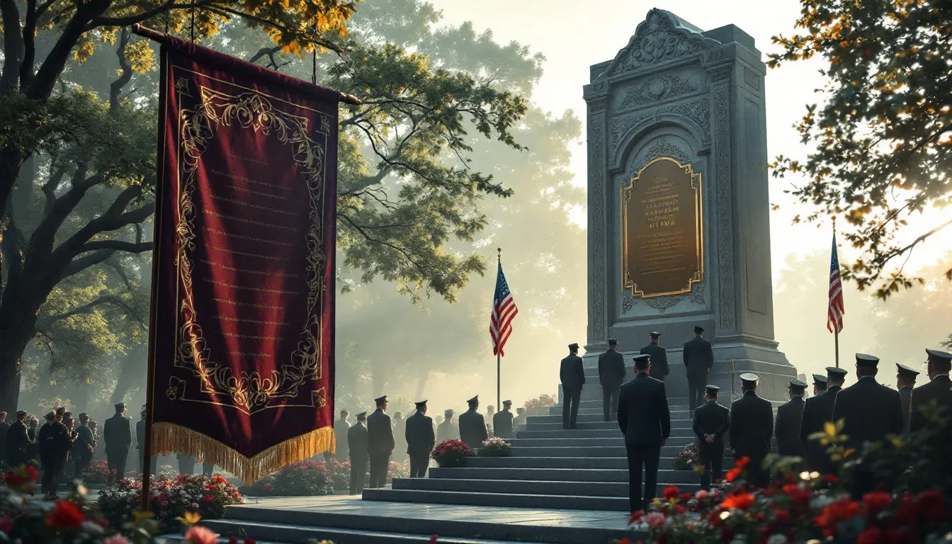 A memorial day ceremony honoring fallen heroes with quotes displayed.