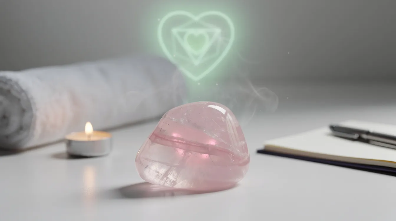 The image features a collection of rose quartz crystals, showcasing their soft pink hue and translucent quality. Known as the "love stone," these well-formed crystals are often used in energy work and meditation, believed to promote self-love and emotional balance.