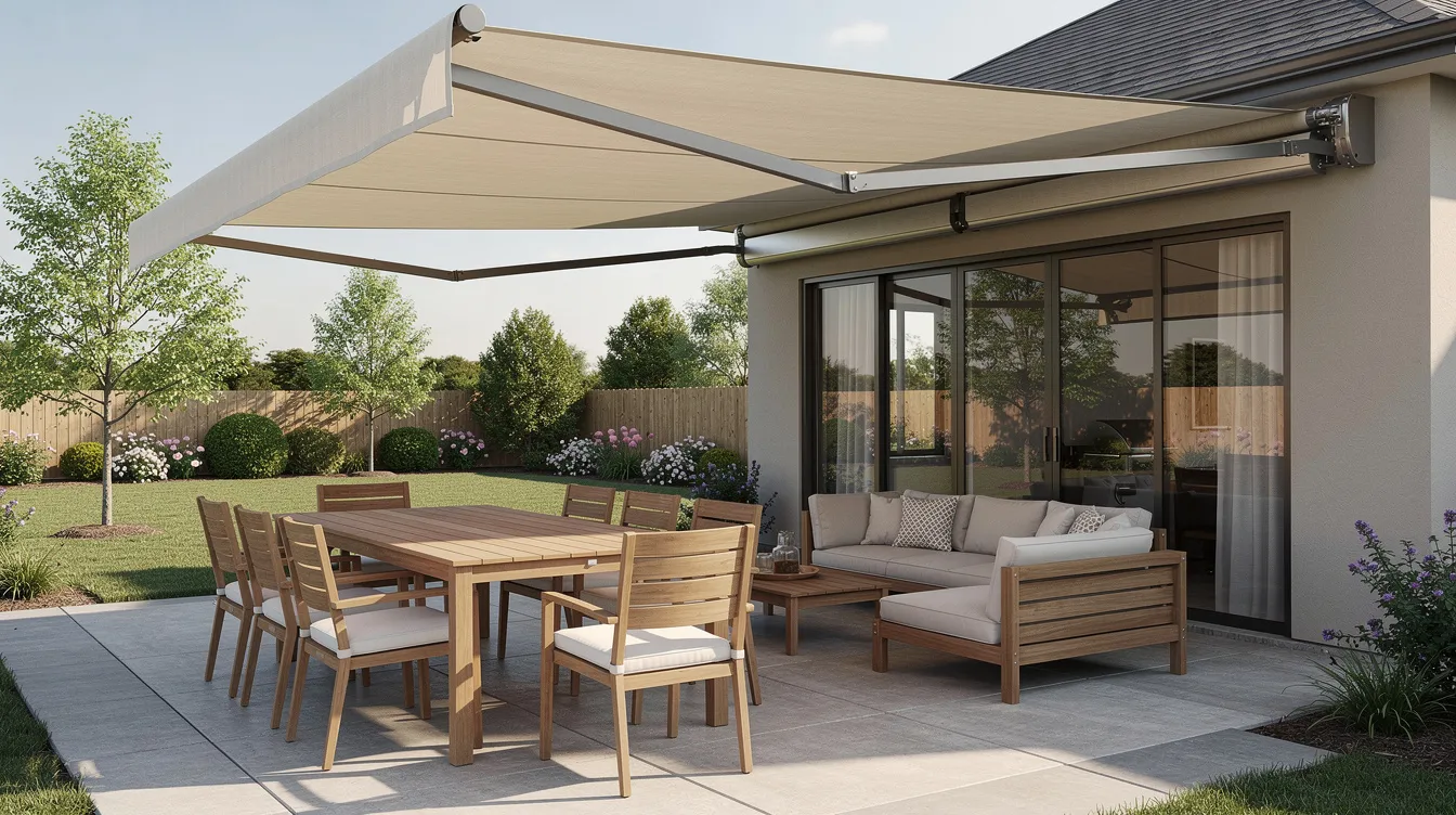 The image depicts a modern suburban home in Oklahoma, showcasing a beautifully landscaped backyard with a high-end motorized retractable canvas awning extended over a teak dining table and lounge seating, providing shade from the bright sunlight on a sunny day. The scene highlights the elegance of outdoor spaces and the functionality of retractable awnings that enhance the patio experience while protecting furniture from sun damage.