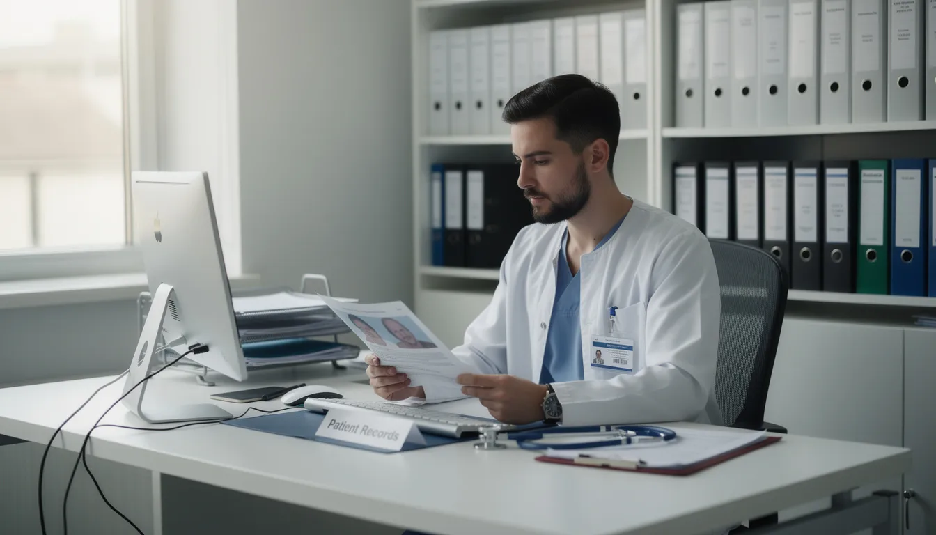 A medical professional is seated at a clinical desk, intently reviewing patient records and data related to surgical mesh and pelvic organ prolapse repairs. The setting emphasizes the importance of medical device safety messages and the assessment of patient characteristics, particularly for women undergoing transvaginal mesh procedures.