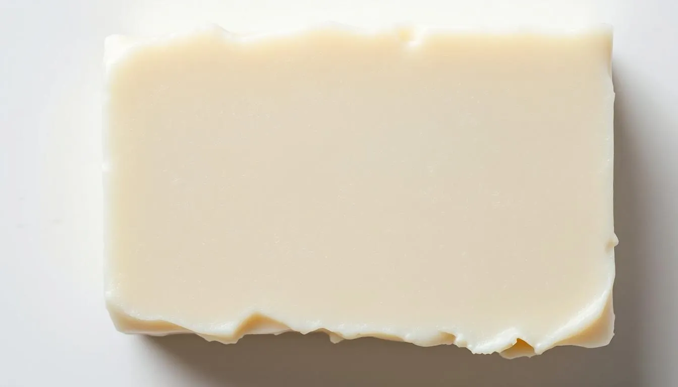 A close-up image of goat milk soap showcases its creamy, natural texture, highlighting its moisturizing properties and gentle formula ideal for sensitive skin. This soap, enriched with fatty acids and natural oils, is beneficial for improving skin texture and managing rosacea symptoms.
