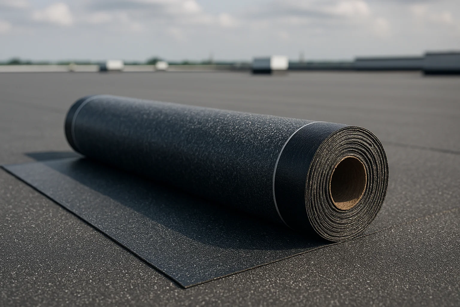 Rolled bituminous membrane on a flat commercial roof, showing the layered structure.
