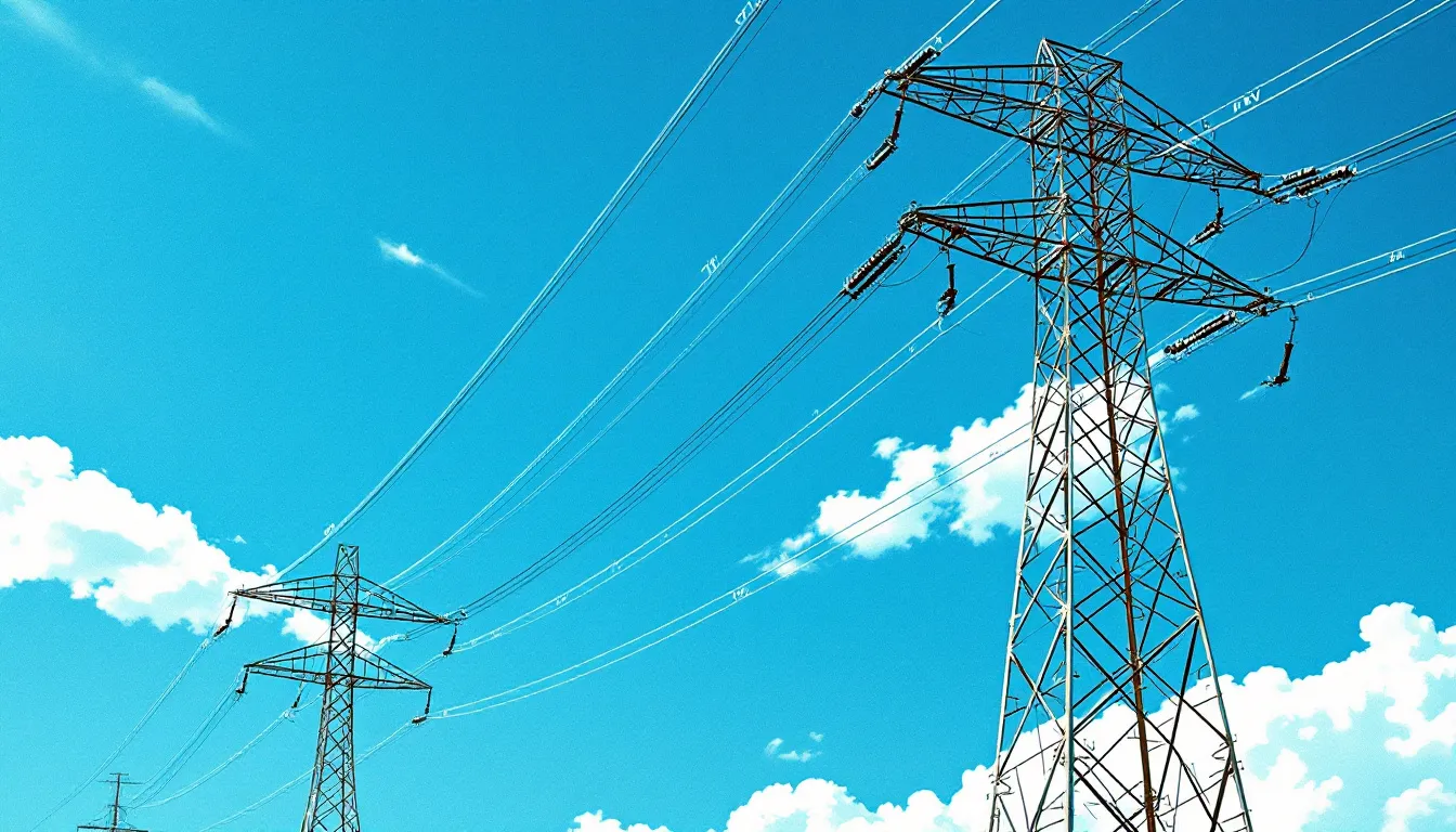 A close-up view of high voltage power lines against a blue sky.