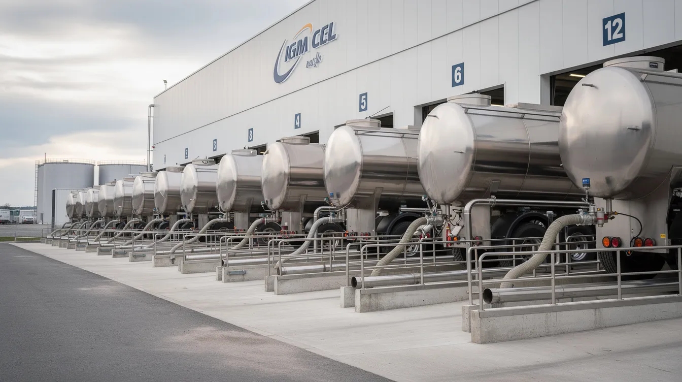 050ac257 fbc5 4b0d 8ddb 031cb9051fa7 A row of stainless steel milk tanker trucks is parked at the reception dock of a dairy processing plant, ready for milk collection and delivery. These trucks play a crucial role in the milk production and dairy farming sectors, ensuring the efficient transport of raw milk and processed dairy products.
