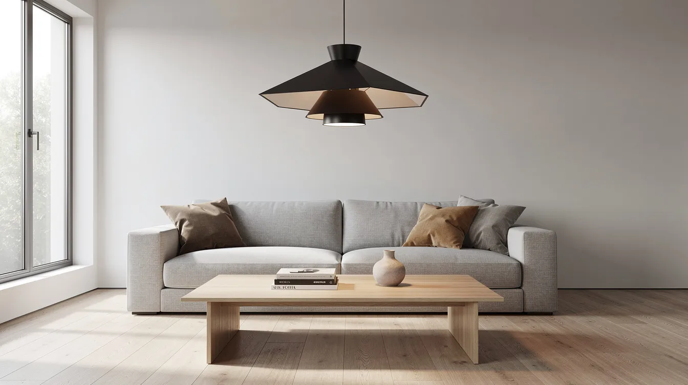 Een moderne hanglamp met geometrische vormen hangt boven een strakke salontafel in een stijlvolle woonkamer. De inrichting is minimalistisch met neutrale kleuren en natuurlijke materialen, waardoor een tijdloze uitstraling ontstaat.