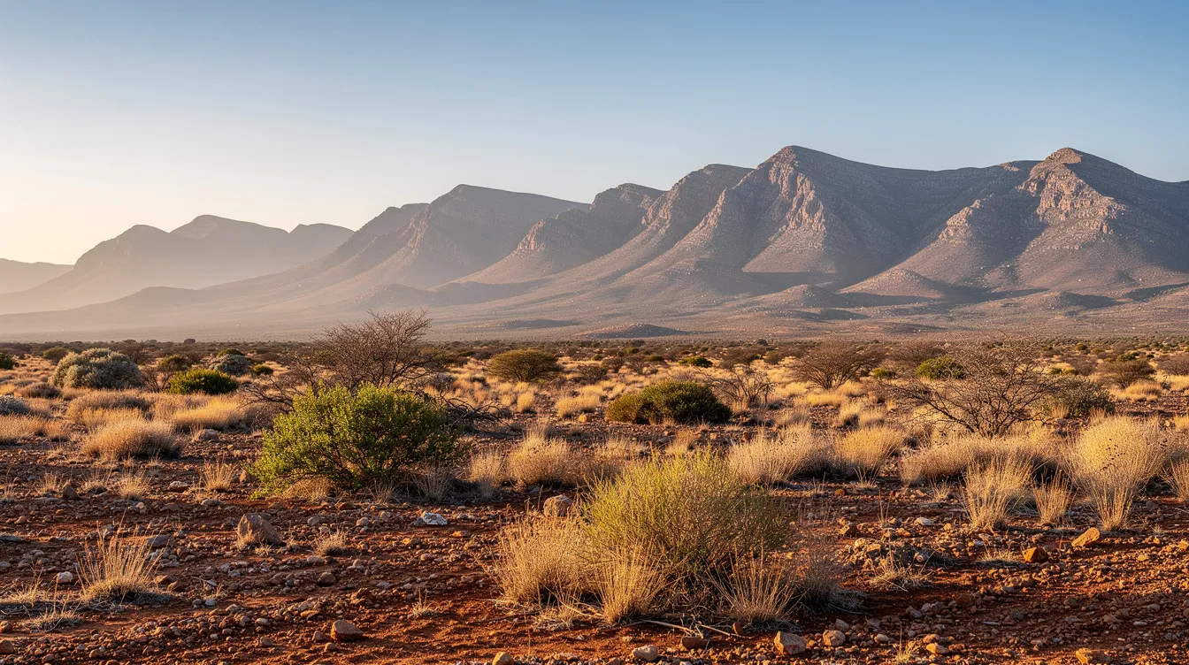 The image depicts a picturesque Klein Karoo landscape characterized by arid scrubland and majestic mountains under a clear blue sky. This serene environment is perfect for enjoying nature, and it may also inspire thoughts of professional DSTV installation services for enhancing your home entertainment experience in South Africa.