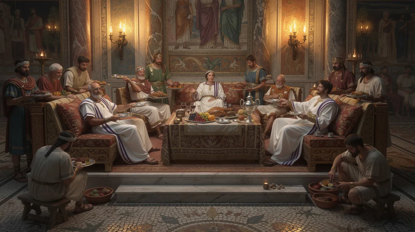 The image depicts an ancient Roman banquet hall, showcasing a diverse group of people seated at varying levels, illustrating the social hierarchy of honor and shame cultures. This setting reflects the cultural context of relationships and community dynamics, reminiscent of biblical themes such as those found in the stories of Jesus Christ and Paul's message.