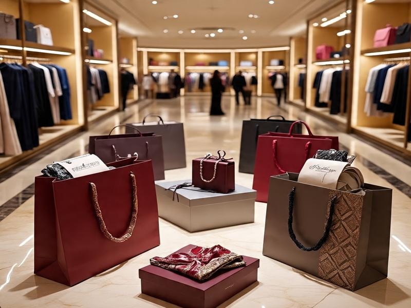A picture showing a luxurious boutique interior with several elegant shopping bags and gift boxes arranged on a marble floor, surrounded by neatly displayed clothing racks and shelves in the background.
