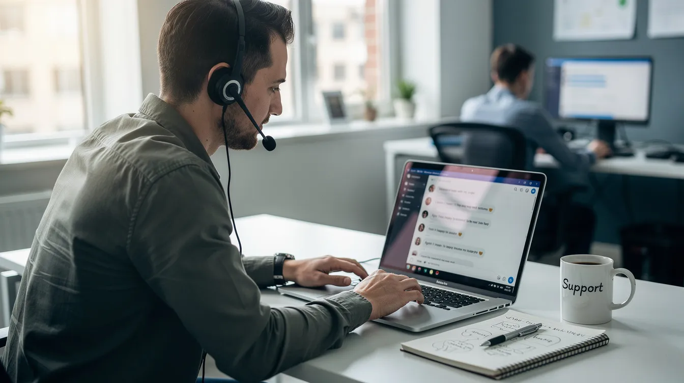 An attentive support specialist is seated at a desk, reviewing customer conversations on a laptop, focusing on customer data to ensure successful interactions. The environment suggests a collaborative workspace where teammates work together to nurture personalized experiences for clients.