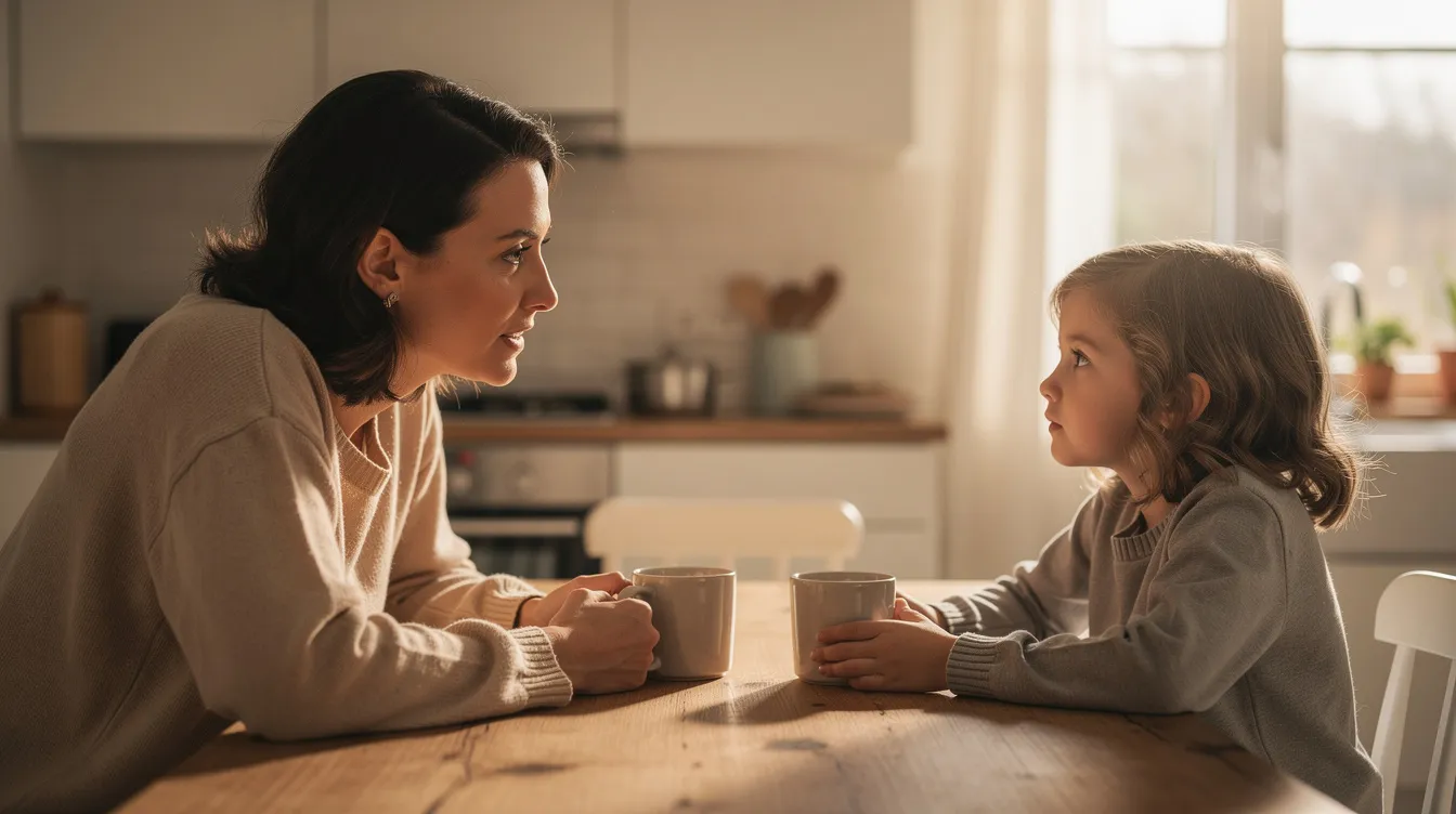A parent and child are sitting at a kitchen table, making eye contact and engaging in a calm conversation that encourages effective listening skills. This moment highlights the importance of communication and the ability for children to listen carefully and feel valued during discussions.