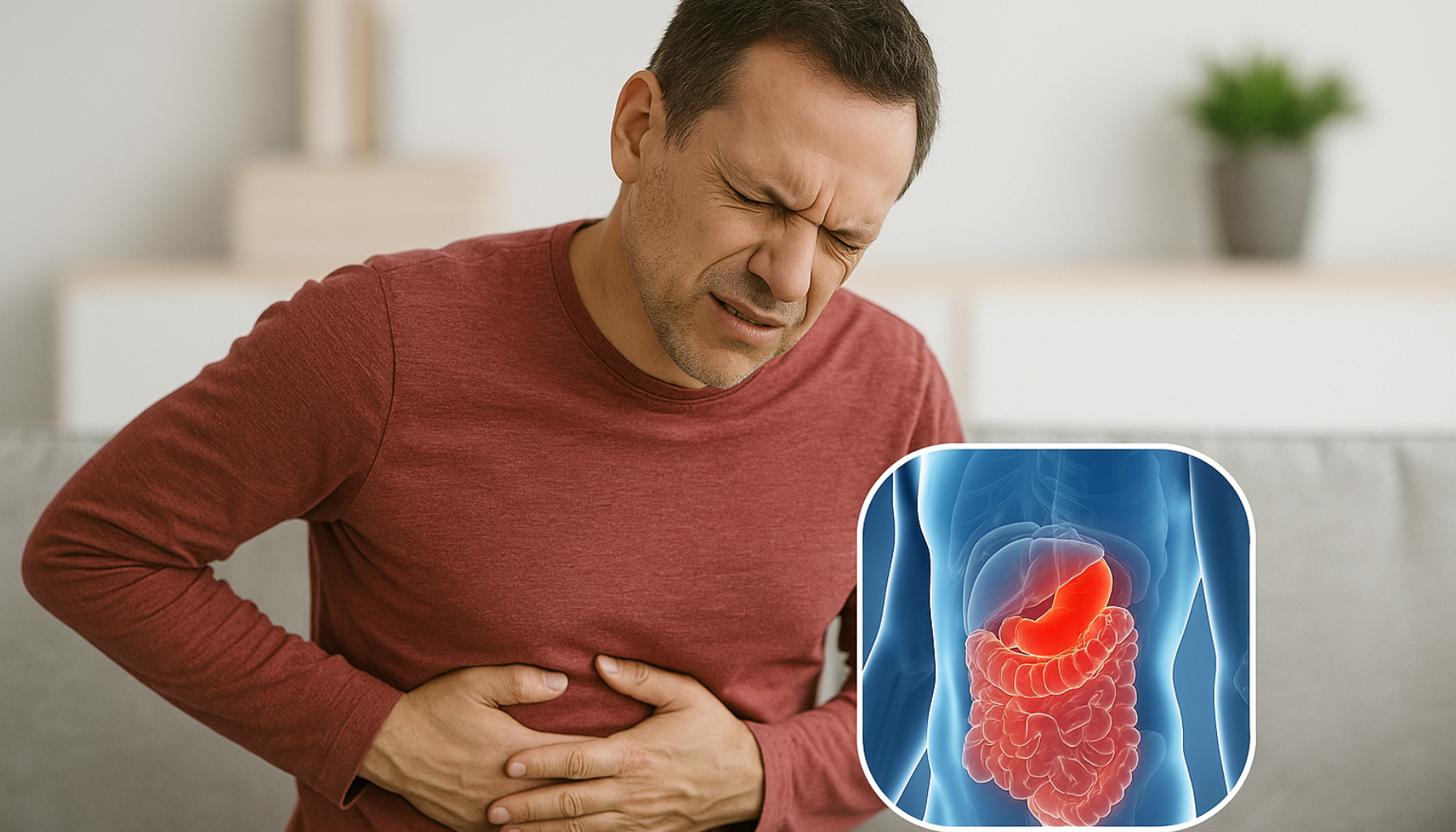 Mann som holder venstre side av magen med smerte, illustrasjon av betent tykktarm, mulig årsak til murrende magesmerter, når du bør oppsøke lege.
