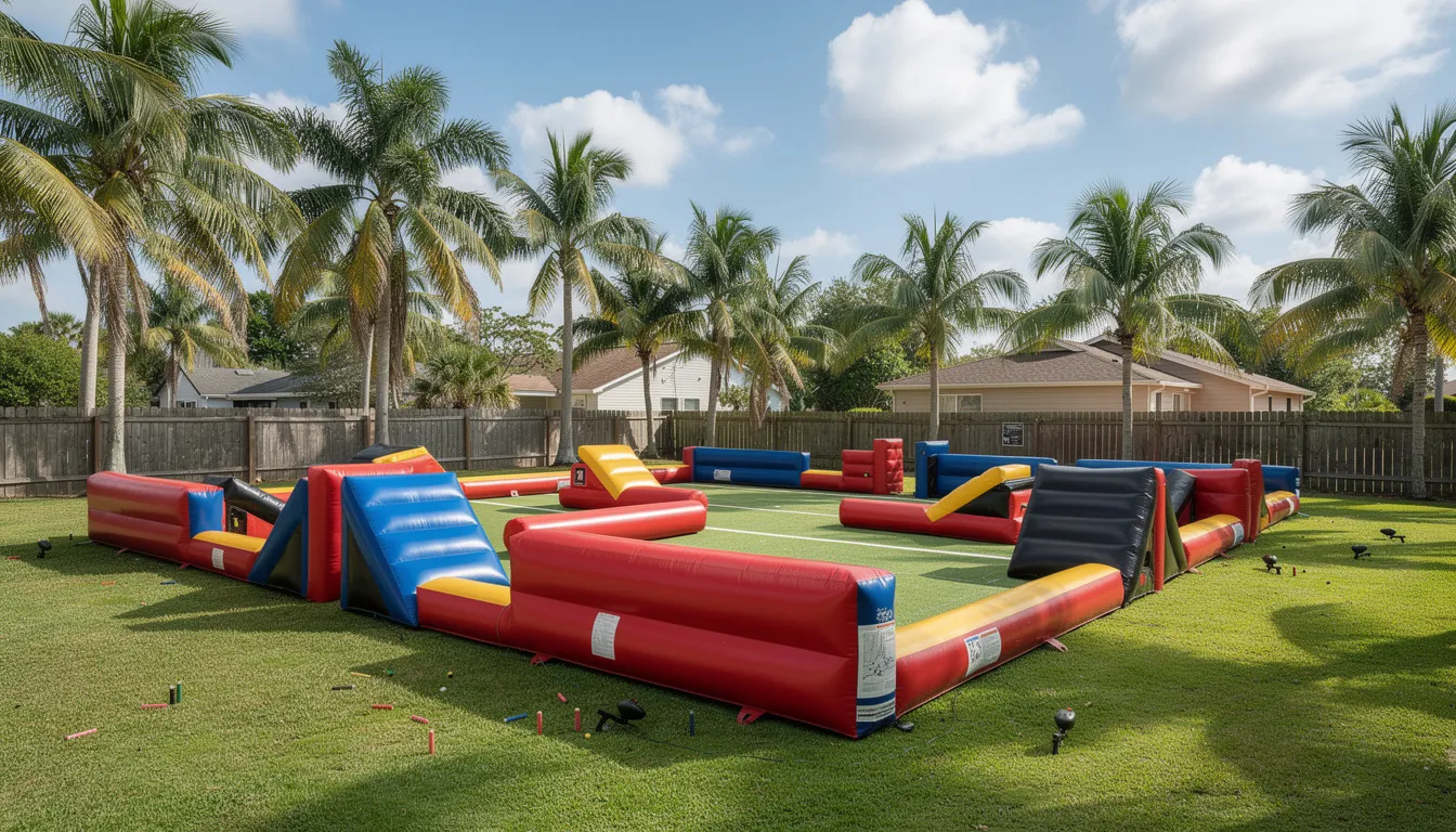 The image depicts an outdoor inflatable bunker arena set up in a grassy backyard, surrounded by palm trees, creating an ideal setting for an epic nerf war. Kids and teenagers can engage in fun battles using nerf blasters and foam balls, enhancing their play experience in this vibrant environment.