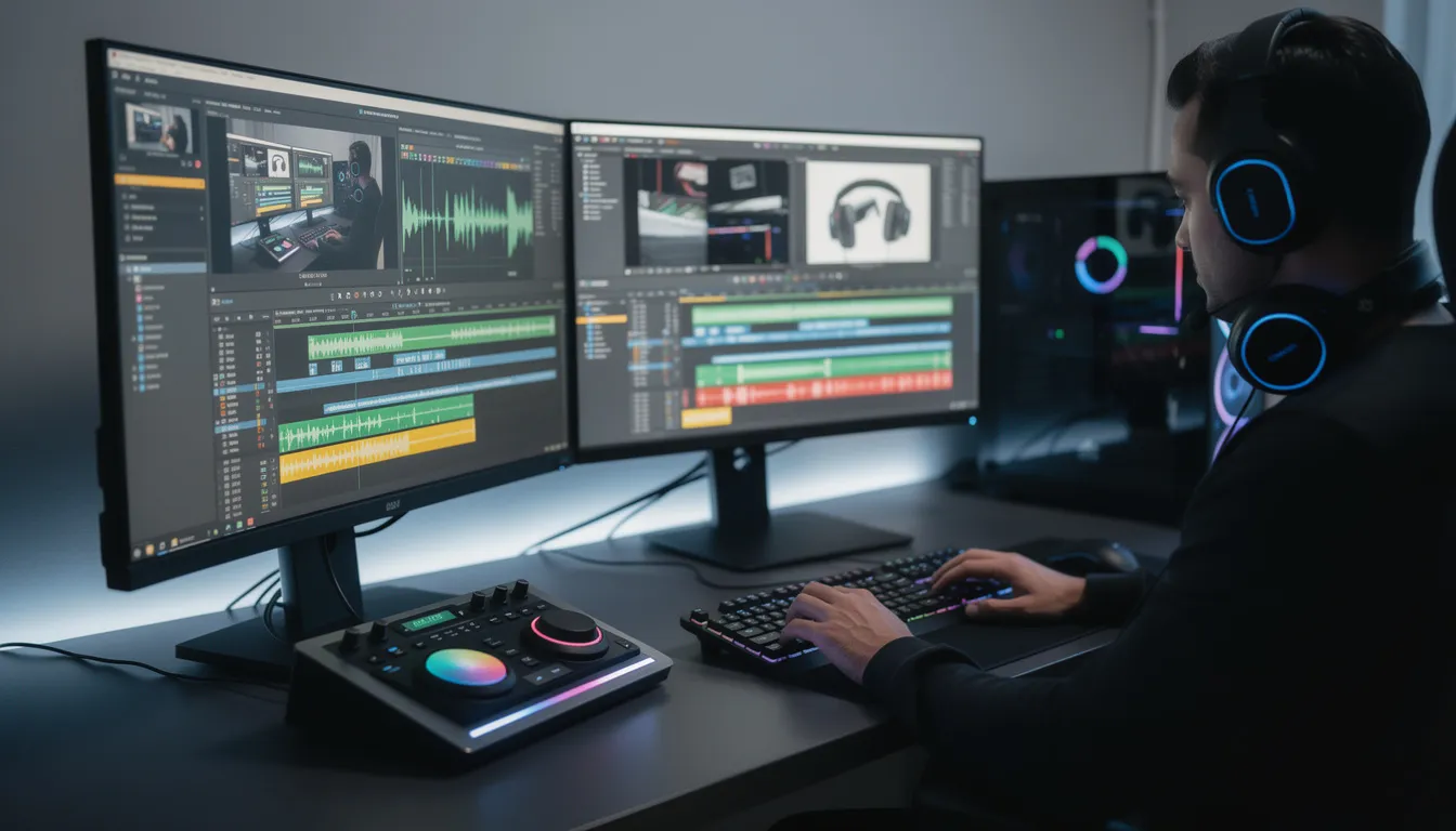 A professional video editor is focused on their work at a sleek editing station, surrounded by multiple monitors that display color-coded timelines and various video clips. This modern setup showcases the integration of powerful AI tools in the post-production process, enhancing the creative possibilities for video content creation.