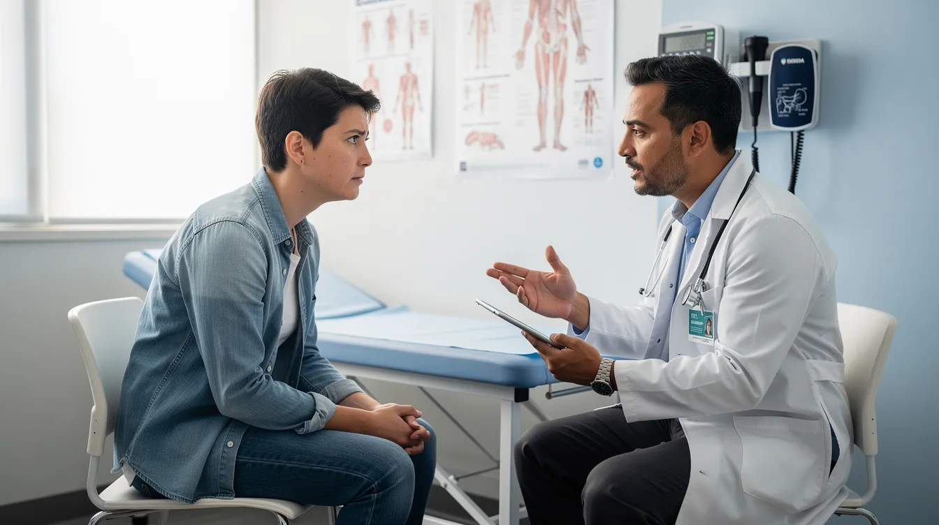 A person is seated across from a medical professional in a clinical setting, discussing their medical history and health goals as part of their longevity health journey. The healthcare provider is likely outlining a personalized treatment plan that may include lifestyle modifications and lab testing to address risk factors for age-related diseases.