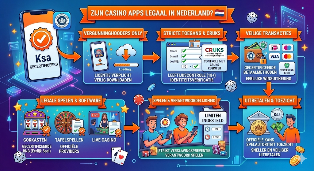 Infographic over legale casino apps in Nederland, met uitleg over apps van legale kansspelaanbieders met vergunning van de Nederlandse Kansspelautoriteit, inclusief CRUKS-controle, veilige betaalmethoden en online casino spellen in legale casino apps.