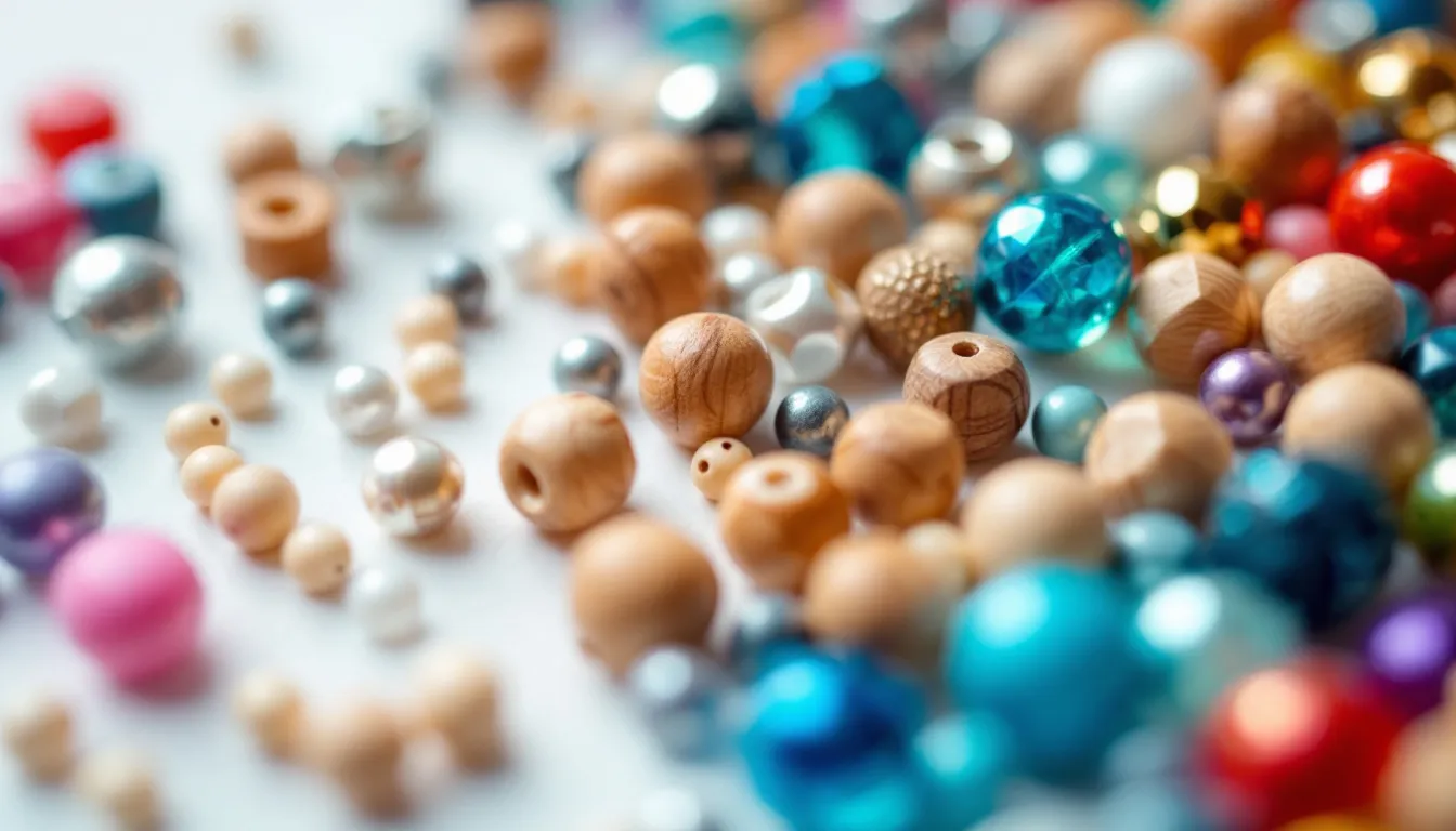 In this image, a variety of beads used in jewellery making are displayed, including crystal beads, pearl beads, and seed beads, showcasing their different shapes and colours. The assortment highlights the excellent quality and wide range of jewellery making supplies available for creating beautiful bead jewellery, such as necklaces and charm bracelets.