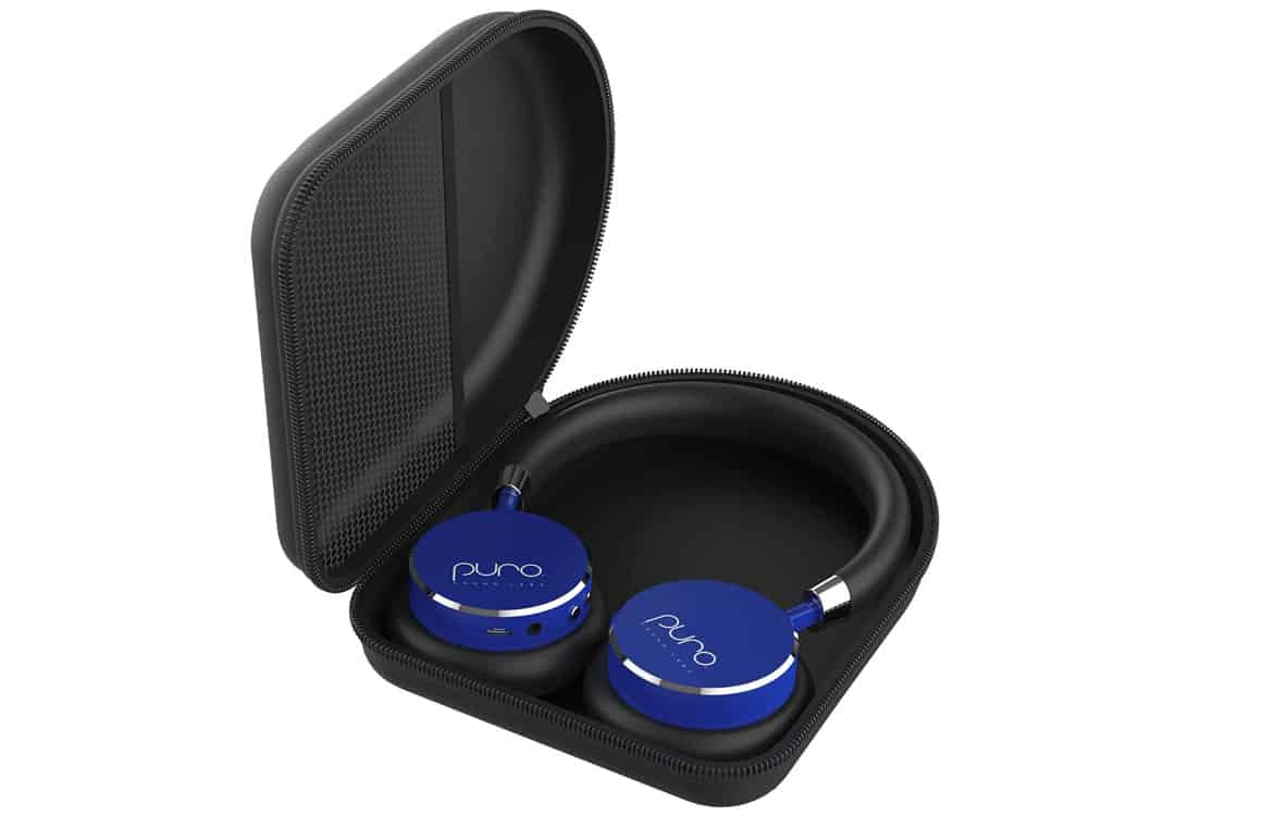 Blue Puro Sound Lab BT2200 headphones nestled in a sleek black case, ready for easy transport and storage.