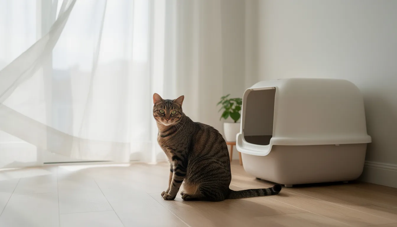 The image depicts a clean and well-ventilated room featuring a modern covered litter box, with a tabby cat sitting nearby. This environment promotes the health of both the cat and its owners, reducing the risk of exposure to cat waste, which can harbor harmful bacteria and parasites like toxoplasma gondii.