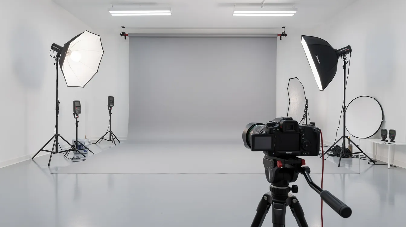 The image depicts a professional clinical photography studio designed for plastic surgery consultations, featuring a neutral background and sophisticated lighting equipment. This setting is ideal for capturing high-quality images of procedures such as breast augmentation, tummy tuck, and liposuction, ensuring patient safety and comfort.