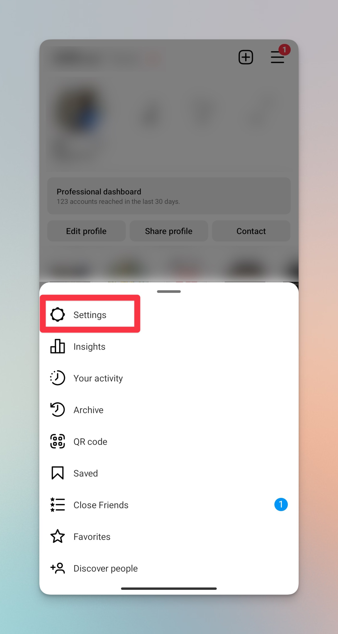 Remote.tools is highlighting Settings menu to switch to private mode on Instagram