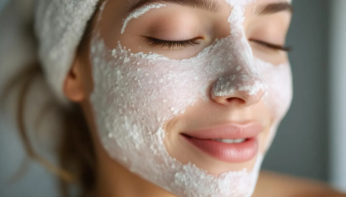 A person is applying a soothing face mask made of colloidal oatmeal to their wet face, which is beneficial for sensitive and acne-prone skin types. The mixture, which may include ingredients like coconut milk and dried herbs, aims to cleanse the skin of impurities while nourishing it with moisture.