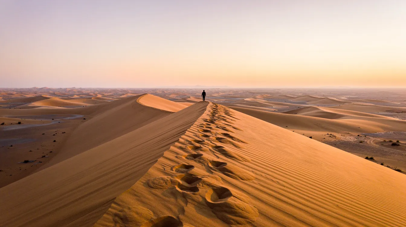 A person stands atop a massive sand dune in the Sahara Desert, gazing over an endless landscape of golden sands at sunrise, capturing the serene beauty of the moment. The scene evokes the luxurious adventure of a desert camp experience, inviting thoughts of camel rides and the tranquil atmosphere of the Moroccan Sahara.