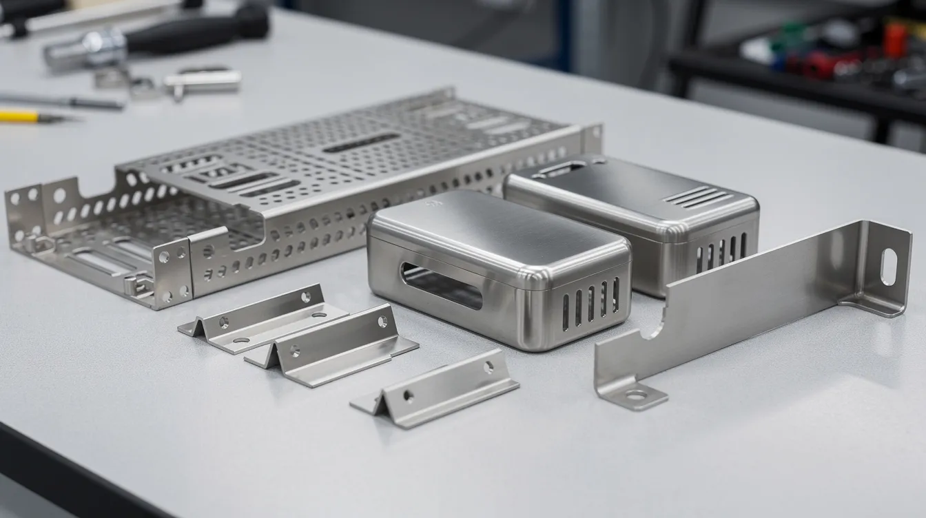 The image depicts a variety of precision sheet metal parts, including server rack panels, medical device housings, and industrial brackets, neatly arranged on a workbench, showcasing the diverse applications of custom sheet metal fabrication. This collection highlights the importance of high precision and quality control in sheet metal fabrication services.