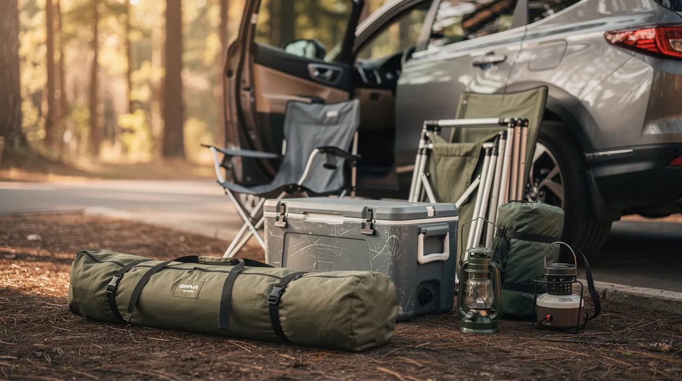 A packed camping cot tent bag sits beside a cooler and folding chairs, surrounded by various camping gear, all arranged near a car at a campsite. This outdoor setup is perfect for enjoying a comfortable night while car camping.