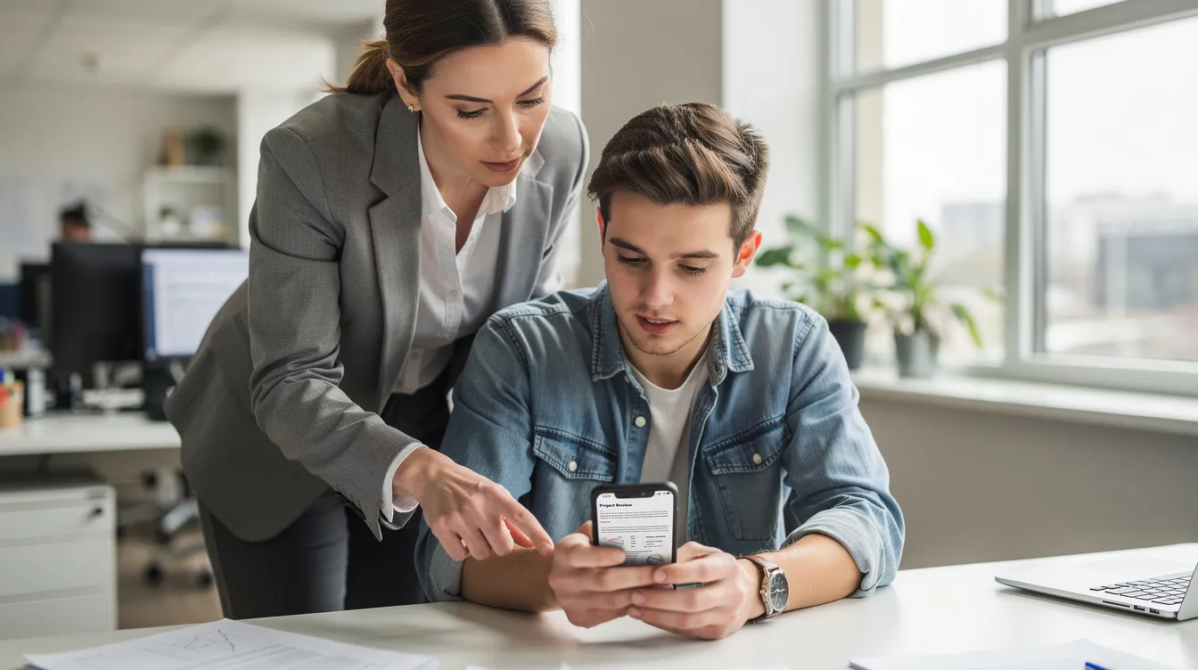 A supervisor is reviewing an apprentice's work on a mobile app, utilizing real-time updates to track progress and ensure compliance with apprenticeship programs. The scene highlights the use of digital solutions for effective apprenticeship management and accurate record-keeping.