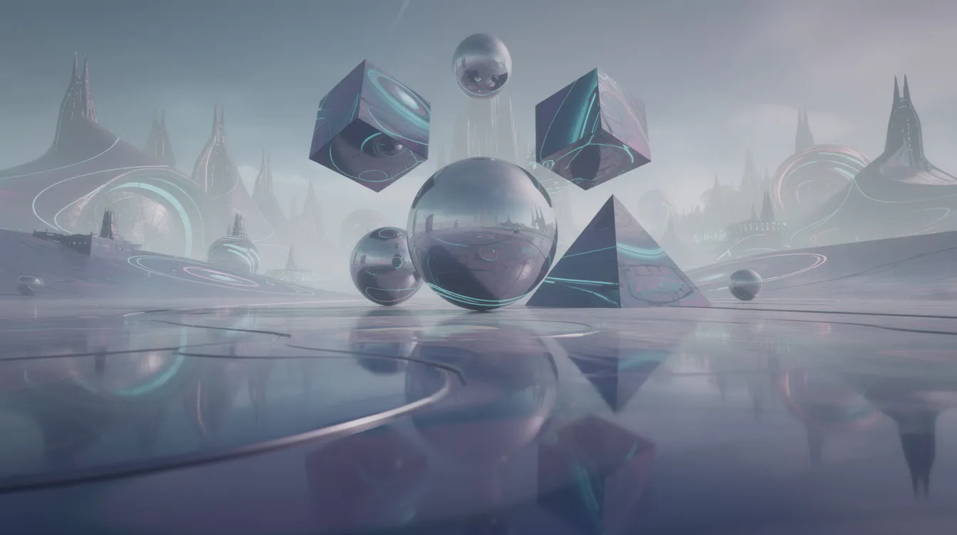 Die digitale Darstellung zeigt eine surreale Szene mit schwebenden geometrischen Objekten, die in einer traumhaften, unwirklichen Umgebung platziert sind. Verzerrte Spiegelungen verstärken die surrealistische Atmosphäre, die an die Werke von Künstlern wie Salvador Dalí und René Magritte erinnert.