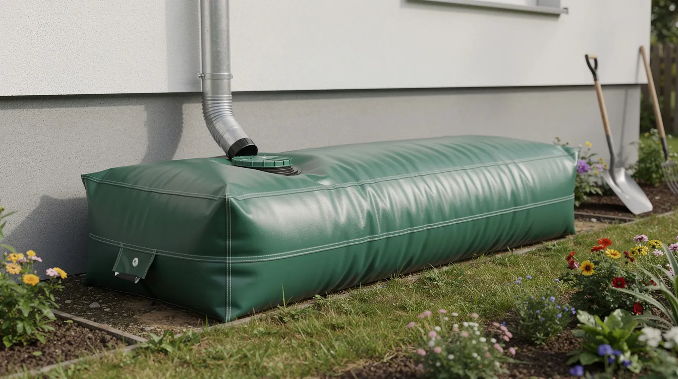 L'image montre une citerne souple de récupération d'eau de pluie installée dans un jardin, positionnée à côté d'une gouttière, illustrant une solution technique d'assainissement non collectif. Cette installation permet de collecter les eaux de pluie pour un usage domestique, contribuant ainsi à la gestion des ressources en milieu naturel.