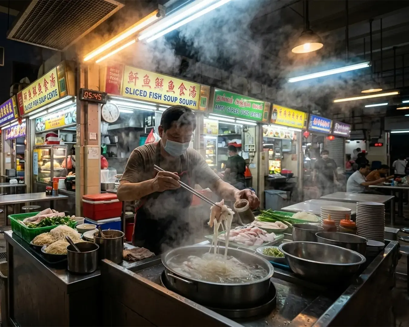 A masked vendor prepares steaming sliced fish soup at a bustling hawker center, with ingredients laid out and bright shop signs in the background.