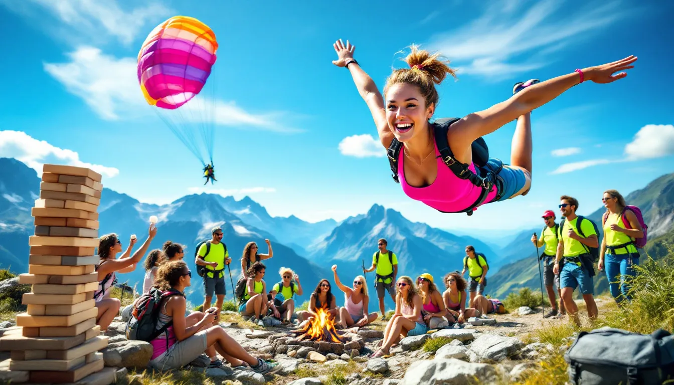A group of adults enjoying thrilling outdoor adventures like skydiving and hiking, showcasing birthday activities for adults.