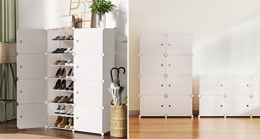 These customisable white plastic shoe storage boxes are perfect for homes that need affordable, flexible storage solutions.