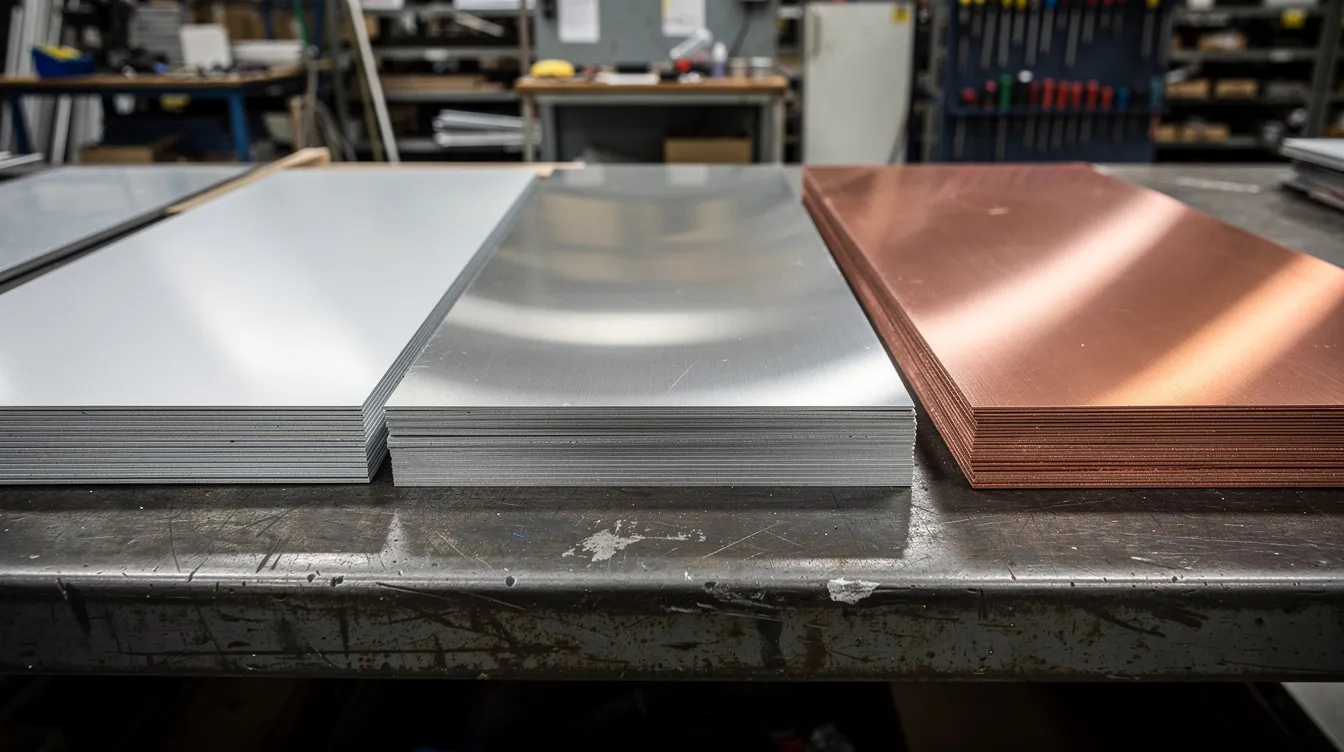 The image shows a collection of flat sheets made from aluminum, stainless steel, and copper stacked neatly on a factory workbench, showcasing various material thicknesses ready for the bending process. These sheets are essential for creating high precision bent metal parts using techniques like air bending and tools such as a press brake.