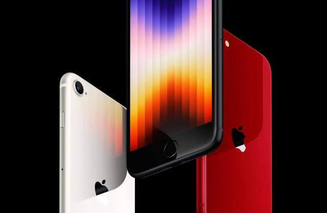 iPhone SE in Starlight, Black, and Red. 
