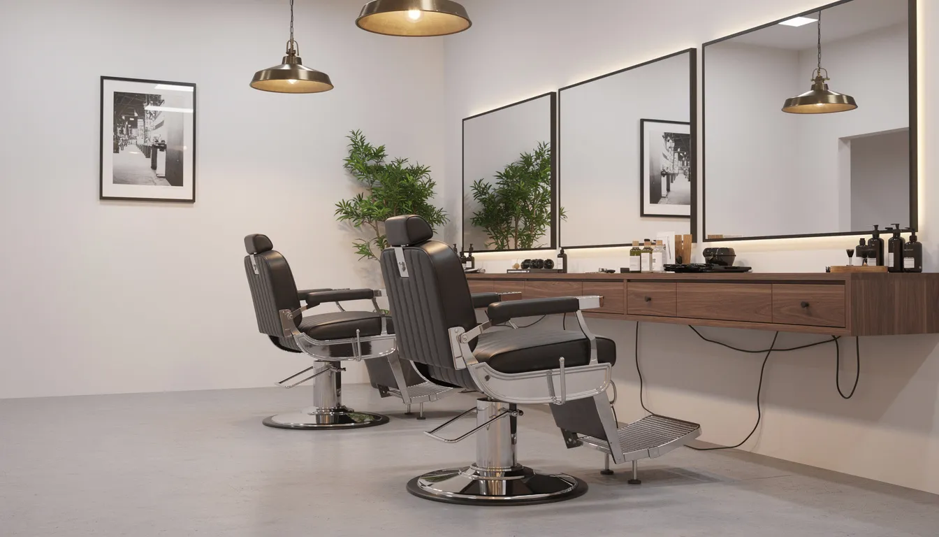 Interior de una barbería moderna que presenta sillones de cuero elegantes y un ambiente cuidadosamente diseñado, donde barberos profesionales ofrecen cortes de cabello y estilos personalizados a hombres, reflejando las nuevas tendencias en barbería. La decoración y el mobiliario crean un espacio acogedor para el cliente, destacando la importancia del cuidado y mantenimiento del cabello y la barba.
