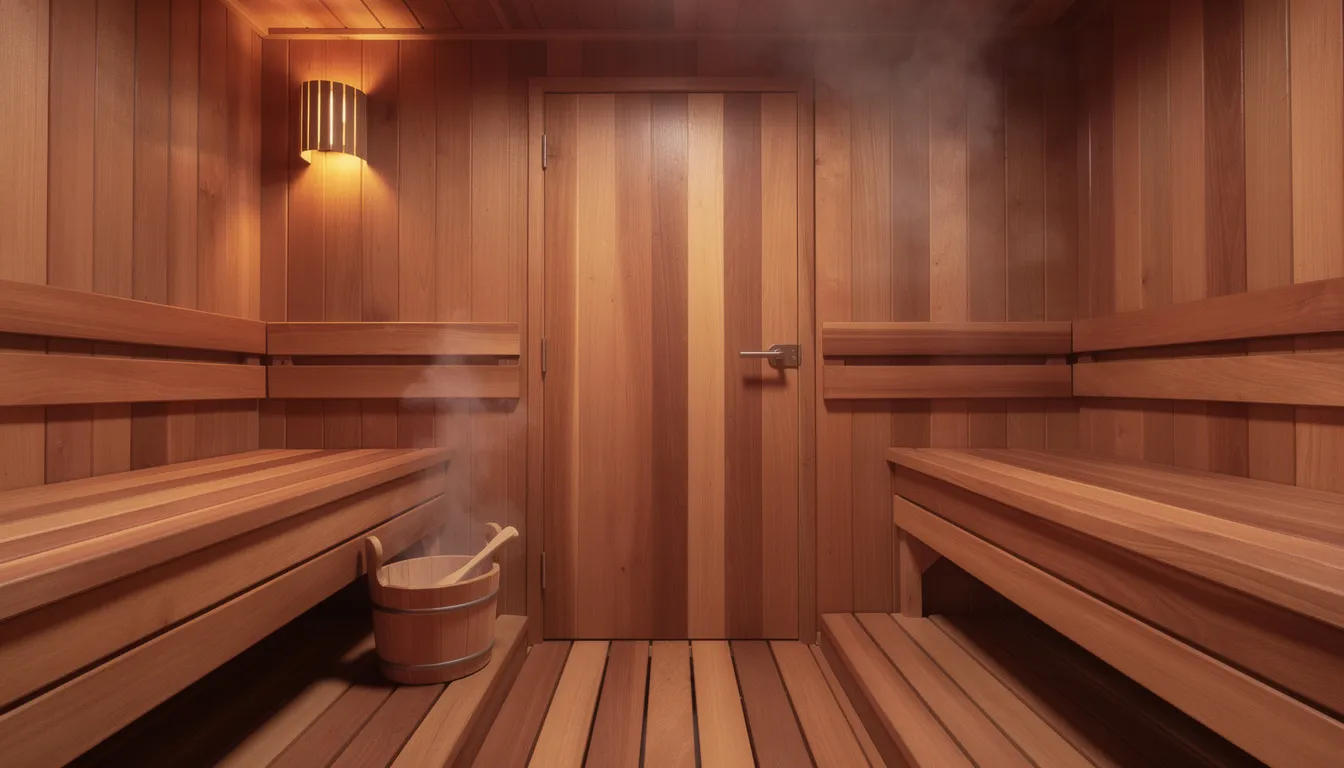 The image depicts the interior of a traditional wooden sauna cabin featuring warm cedar benches and a sturdy wooden door, highlighting the classic choice of high-quality woods in a sauna environment. The wooden door, designed for durability and heat retention, complements the overall cozy and inviting atmosphere of the sauna room.